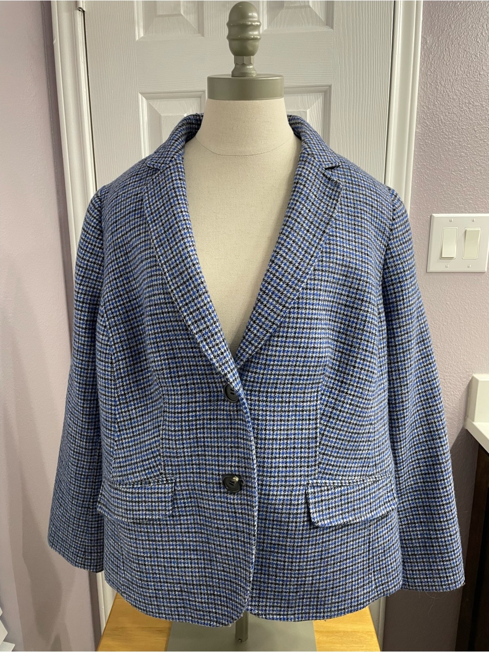 Talbots Aberdeen Blue Houndstooth Wool Blend Blazer Jacket Lined 16W Petite